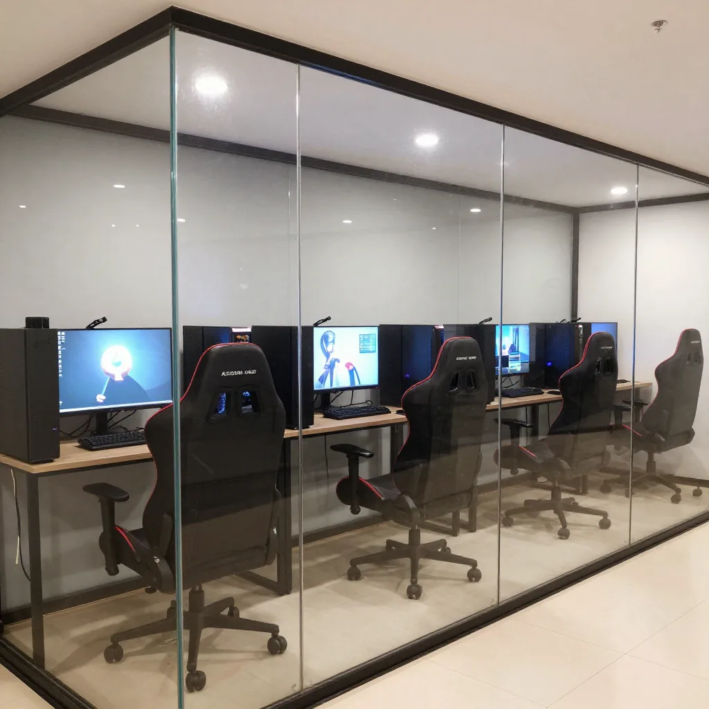 Low-angle view along a computer club desk showing tidy towers and cables on a quiet evening